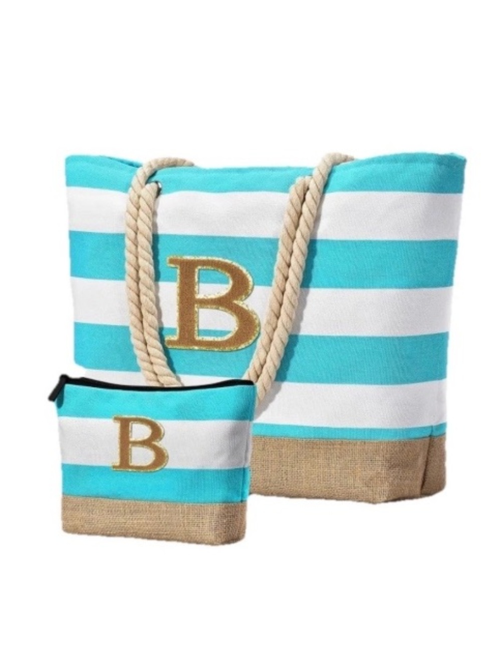Cyan Blue Beach Tote Bag Women Waterproof Canvas & Makeup Bag Jute Initial “B”